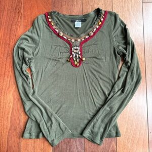 Vintage Y2K bizz unique beaded long sleeve green top Sz S boho fairygrunge braid